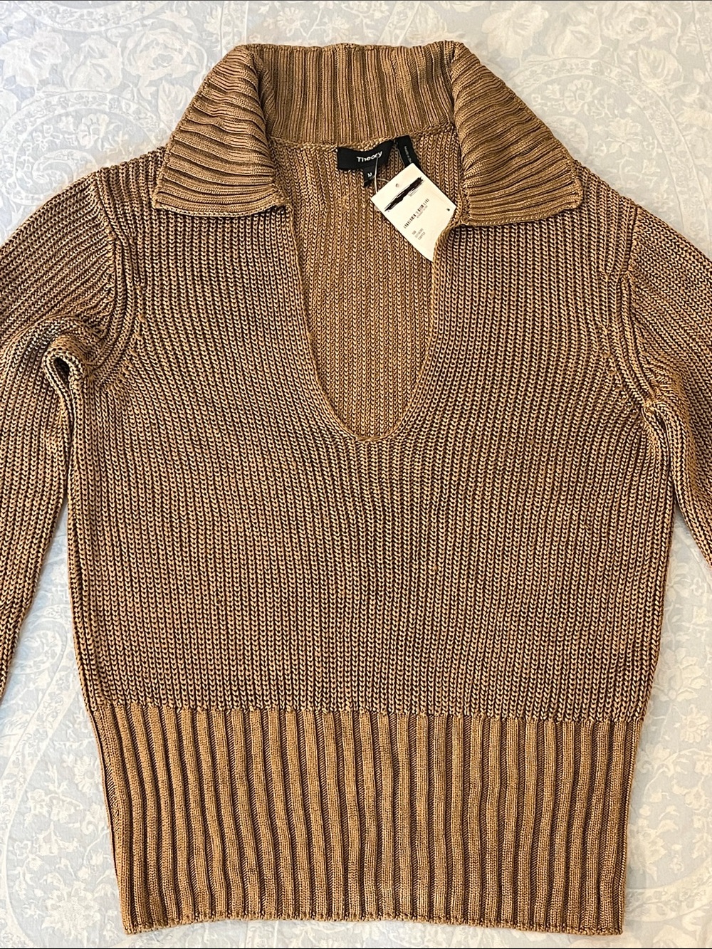 Theory Women's Tan V-Neck Collared Knit Sweater